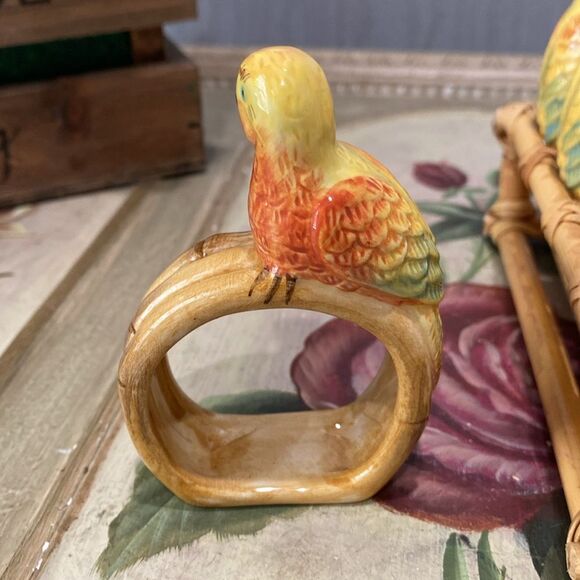Vintage Set of Eight Ceramic Parrot Napkin Rings in Two Faux Bamboo Holders - Picture 10 of 16